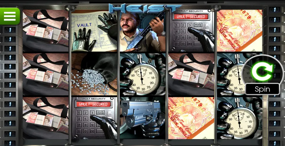 La grille de 5 rouleaux et 3 rangées de Heist : liasses de billets, chronomètres tenus par des gants noirs, claviers VAULT SECURED, un pistolet, un plan VAULT et un homme moustachu tenant une arme