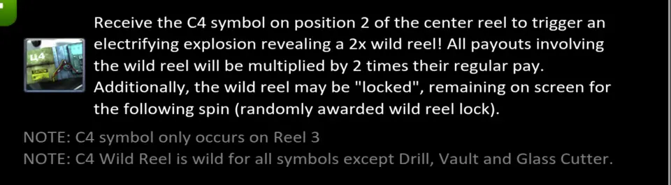 Rubrique de l’aide de Heist sur le symbole C4 et son rouleau WILD 2x, avec les notes sur le rouleau 3 et les symboles exclus