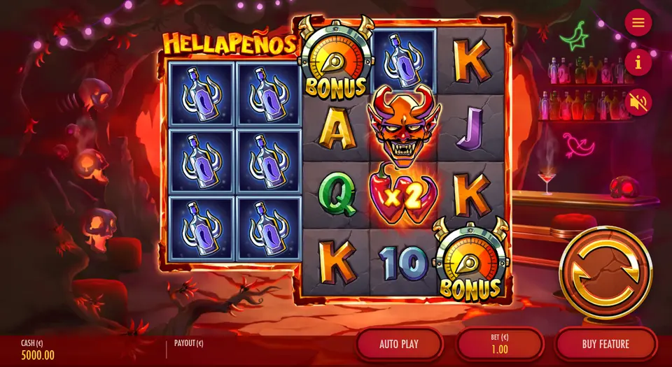 Grille de Hellapeños sous le titre du jeu : deux rouleaux de gauche remplis de bouteilles bleues, puis des lettres A, K, Q, J et 10, un visage de diable cornu, un piment marqué x2 et deux symboles BONUS en forme de cadran à cornes