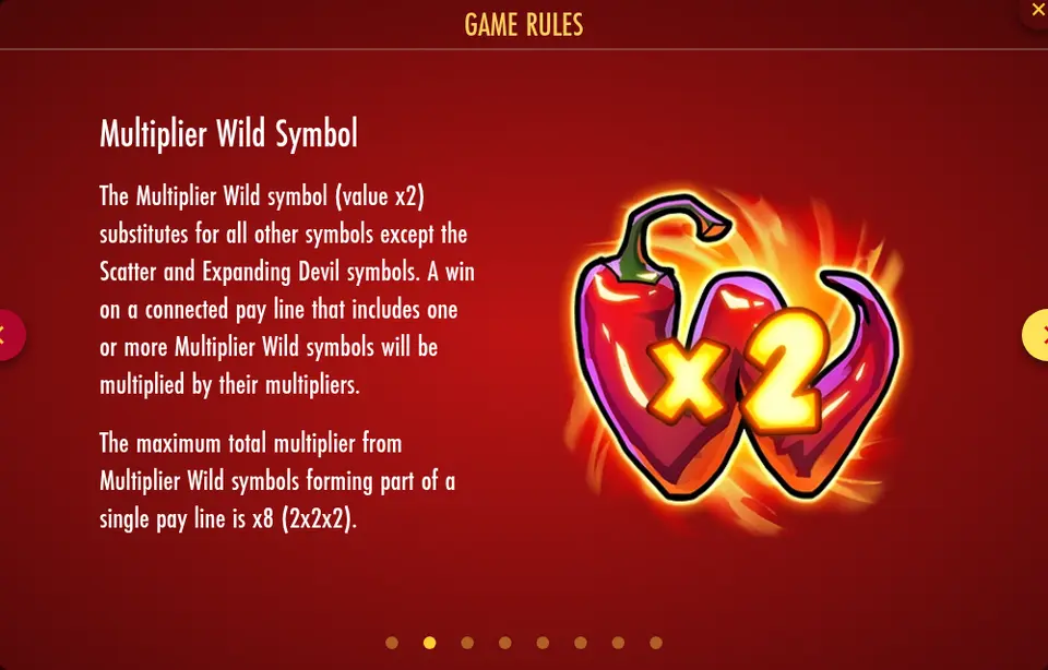 Page Multiplier Wild Symbol des règles de Hellapeños : texte en anglais et deux piments rouges marqués x2