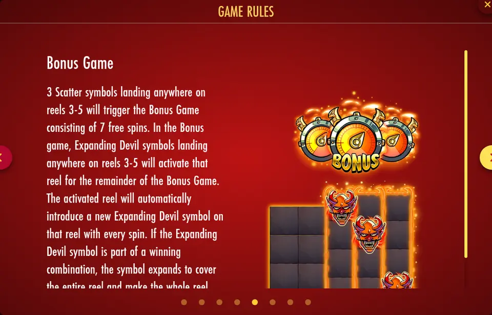 Page Bonus Game des règles de Hellapeños : texte en anglais, trois symboles BONUS en forme de cadran à cornes et une grille d’exemple où des visages de diable cornus apparaissent sur les trois rouleaux de droite, encadrés d’orange
