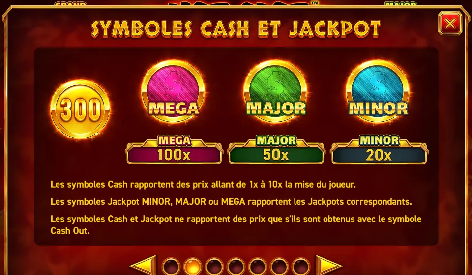 Page SYMBOLES CASH ET JACKPOT de l’aide : une pièce dorée marquée 300 et trois pièces MEGA 100x, MAJOR 50x et MINOR 20x