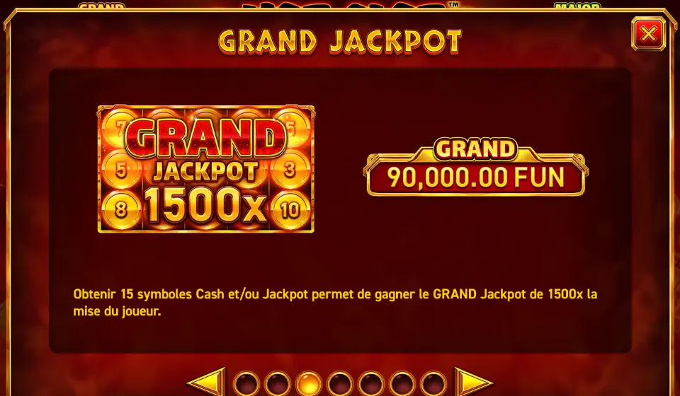 Page GRAND JACKPOT de l’aide : un cadre GRAND JACKPOT 1500x et un compteur GRAND à 90,000.00 FUN