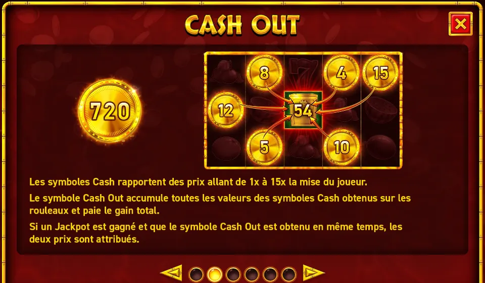 Page CASH OUT de l’aide de Hot Slot 777 Coins : une pièce marquée 720 et une grille où des pièces marquées 8, 4, 15, 12, 5 et 10 sont reliées à un symbole central marqué 54