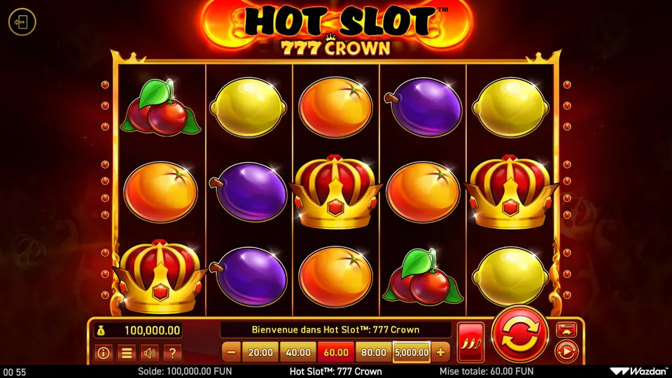 Grille de 5 rouleaux sur 3 rangées de Hot Slot 777 Crown avec des cerises, des citrons, des oranges, des prunes et trois couronnes dorées à rayures rouges
