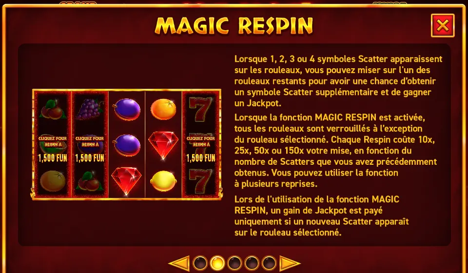 Page MAGIC RESPIN de l’aide de Hot Slot 777 Rubies : une grille avec des rubis et des fruits, dont des rouleaux marqués 1,500 FUN, à côté du texte de la règle