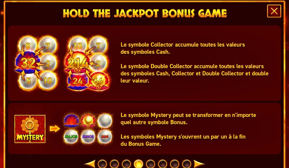 Page HOLD THE JACKPOT BONUS GAME de l’aide : à gauche des perles numérotées autour d’un symbole Collector marqué 32 et d’un Double Collector marqué 214 et 24, en bas un symbole MYSTERY qui se change en symboles MAJOR, MINOR ou MINI