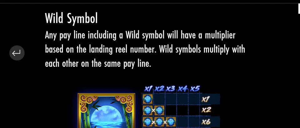 Page Wild Symbol de la table des gains de Jin Chan’s Pond of Riches : texte en anglais, le symbole Wild (une lune au-dessus de l’eau) et un tableau d’exemples de multiplicateurs par rouleau