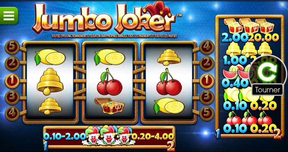 L’écran de Jumbo Joker : trois rouleaux avec citrons, cloches dorées, cerises et un coffre au trésor, les numéros de lignes 1 à 5 sur les côtés, et à droite une table de paiements