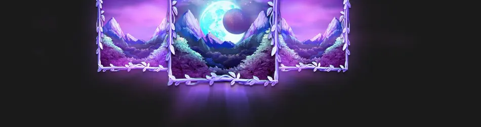 Trois symboles CLAIR DE LUNE de l’aide : des montagnes violettes dans des cadres de lianes, avec une pleine lune sur celui du milieu