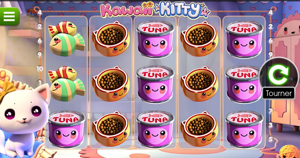 La grille 5x3 de Kawaii Kitty : boîtes roses marquées TUNA, gamelles de croquettes et paires de poissons rayés, toutes souriantes, avec un chaton blanc à gauche