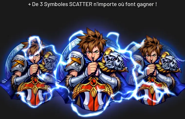 Trois guerriers aux cheveux bruns, mains jointes, entourés d’éclairs bleus, sous la phrase « + De 3 Symboles SCATTER n’importe où font gagner ! »