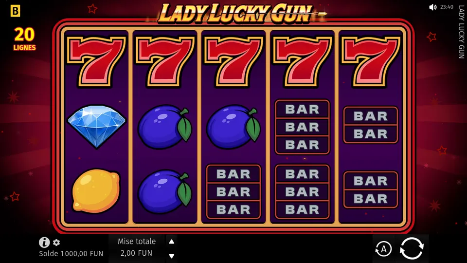 Grille de 5 rouleaux sur 3 rangées de Lady Lucky Gun avec une rangée de cinq 7 rouges en haut, un diamant, un citron, des prunes et des symboles BAR ; à gauche la mention 20 lignes