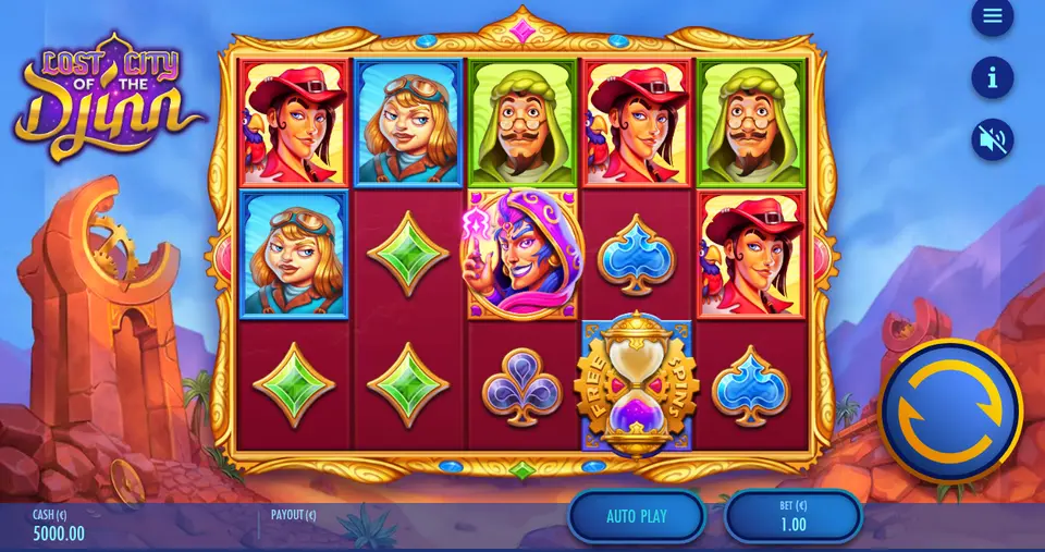 Grille de 5 rouleaux sur 3 rangées de Lost City of the Djinn à côté du logo du jeu : portraits d’une femme au chapeau rouge, d’une femme à lunettes d’aviateur et d’un homme moustachu en capuche verte, un personnage en capuche violette, des carreaux verts, des piques bleus, un trèfle et un sablier marqué FREE SPINS