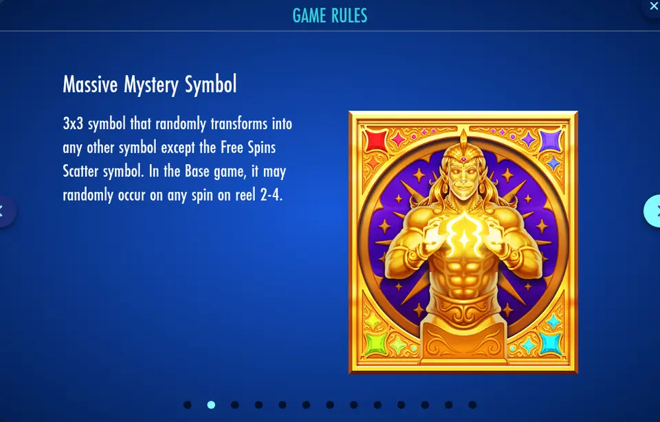 Page Massive Mystery Symbol des règles de Lost City of the Djinn : texte en anglais et un grand symbole doré montrant un personnage aux bras croisés dans un cadre orné