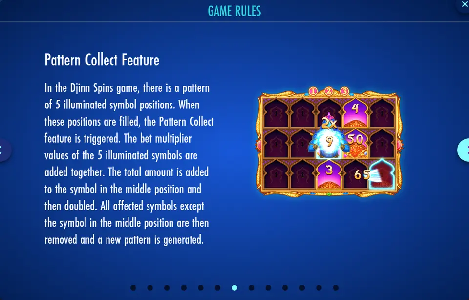 Page Pattern Collect Feature des règles de Lost City of the Djinn : texte en anglais et une grille d’exemple avec des cases vides, des symboles à valeur et des positions numérotées
