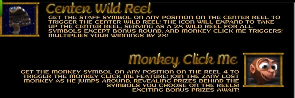 Rubriques Center Wild Reel et Monkey Click Me de l’aide de Lost, avec le symbole du bâton et la tête d’un singe