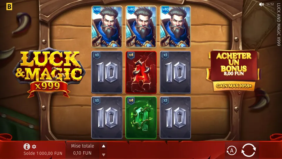 Grille de 3 rouleaux sur 3 rangées de Luck & Magic dans un cadre en bois : en haut trois cartes d’un homme barbu en armure bleue marquées x40, en dessous des cartes 10 grises marquées x1, un A rouge et un Q vert marqués x4 ; à gauche le logo LUCK & MAGIC x999, à droite ACHETER UN BONUS 8,00 FUN et GAIN MAX 1059×, en bas une mise totale de 0,10 FUN