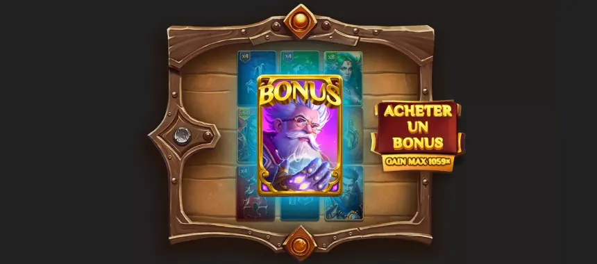 Illustration du symbole bonus dans l’aide de Luck & Magic : une carte BONUS montrant un vieil homme aux cheveux blancs et aux lunettes devant une grille en bois, à côté d’un bouton ACHETER UN BONUS marqué GAIN MAX 1059×