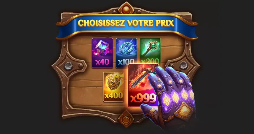 Illustration du jeu bonus dans l’aide de Luck & Magic : un bandeau CHOISISSEZ VOTRE PRIX au-dessus de cinq cartes marquées x40, x100, x200, x400 et x999, la dernière désignée par un gant violet
