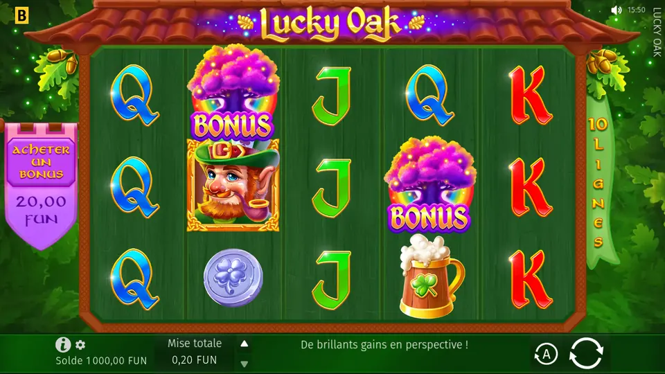 Grille de 5 rouleaux sur 3 rangées de Lucky Oak sous un toit de tuiles : lettres Q, J et K, un homme roux au chapeau vert fumant la pipe, une pièce argentée au trèfle, une chope de bière au trèfle et deux arbres violets marqués BONUS ; à gauche ACHETER UN BONUS 20,00 FUN, à droite 10 LIGNES, en bas une mise totale de 0,20 FUN
