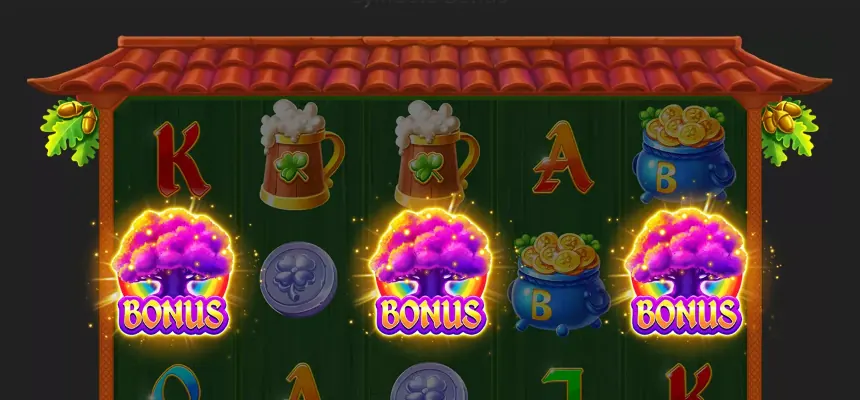 Illustration Symbole Bonus dans l’aide de Lucky Oak : trois arbres violets marqués BONUS sur la rangée du milieu d’une grille, entre une pièce au trèfle et une marmite bleue remplie de pièces