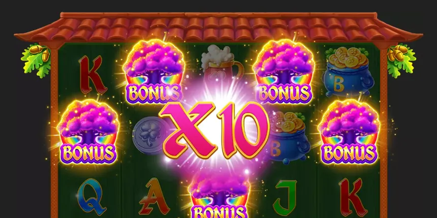 Illustration du jeu bonus dans l’aide de Lucky Oak : cinq arbres violets marqués BONUS répartis sur la grille, avec un grand x10 rose au centre