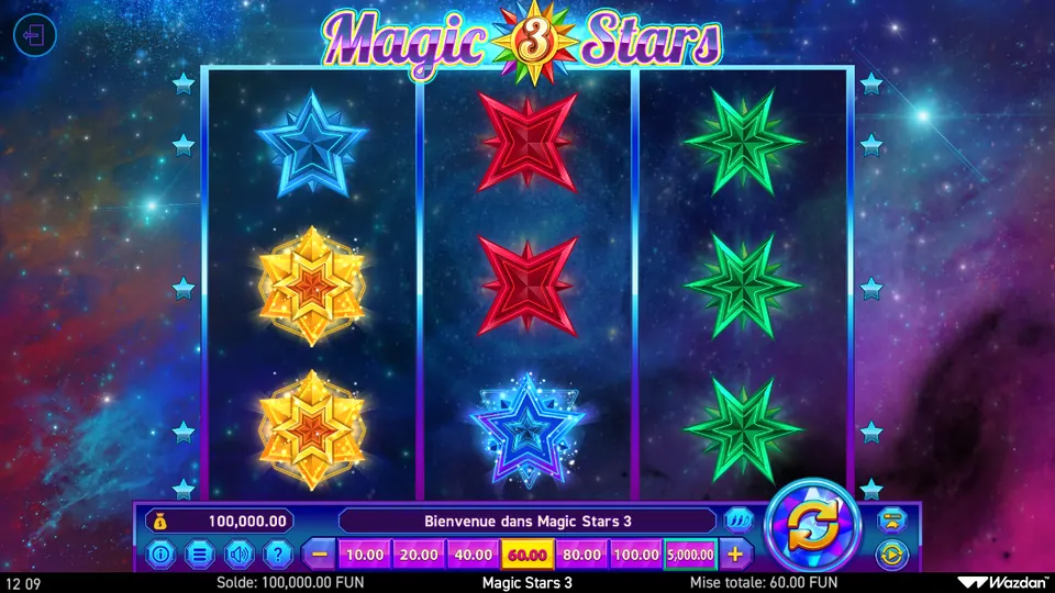 Grille de 3 rouleaux sur 3 rangées de Magic Stars 3 sur fond de ciel étoilé : une étoile bleue et deux étoiles dorées sur le premier rouleau, deux étoiles rouges à quatre branches et une étoile bleue scintillante sur le deuxième, trois étoiles vertes sur le troisième ; en bas les boutons de mise de 10.00 à 5,000.00 et une mise totale de 60.00 FUN