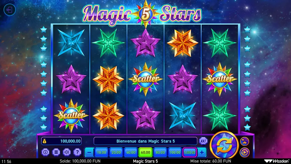 Grille de 5 rouleaux sur 3 rangées de Magic Stars 5 sur fond de ciel étoilé : étoiles cyan, vertes, violettes et orange et trois étoiles à cœur bleu marquées Scatter ; de petites étoiles bleues bordent la grille, en bas les boutons de mise et une mise totale de 60.00 FUN