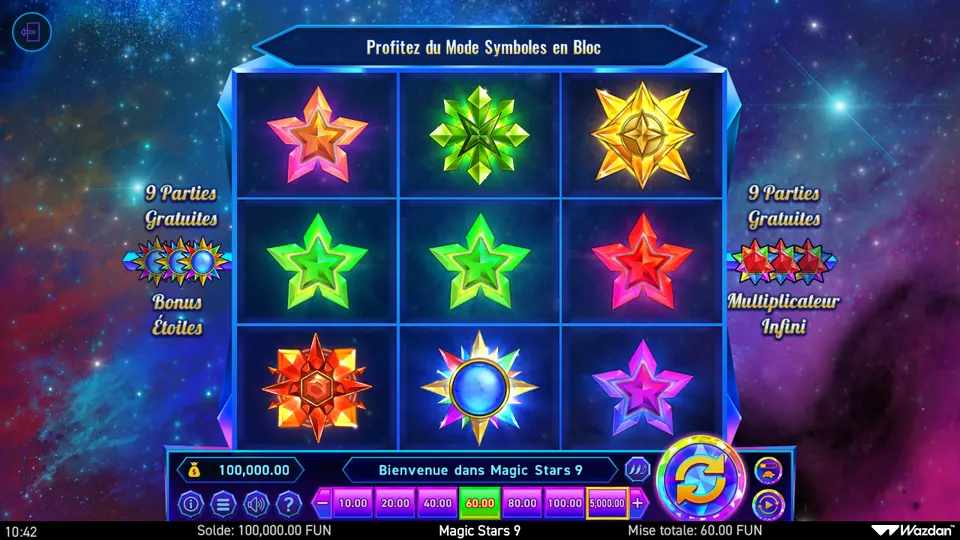 Grille de 3x3 de Magic Stars 9 sur fond de ciel étoilé : une étoile orange, une étoile verte épineuse, une étoile dorée, deux étoiles vertes, une étoile rouge, une étoile rouge épineuse, un soleil à cœur bleu et une étoile violette ; à gauche 9 Parties Gratuites avec trois soleils bleus et la mention Bonus Étoiles, à droite 9 Parties Gratuites avec trois étoiles rouges à facettes multicolores et la mention Multiplicateur Infini, en haut le bandeau Profitez du Mode Symboles en Bloc, en bas une mise totale de 60.00 FUN