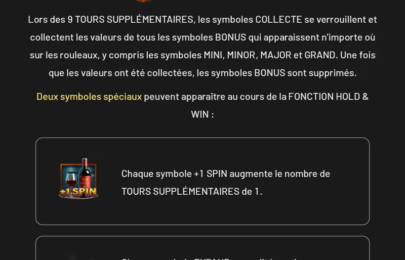 Écran d’aide de Mamma Mia 2 : texte sur les COLLECTE et encadré du symbole +1 SPIN, illustré d’un verre et d’une bouteille