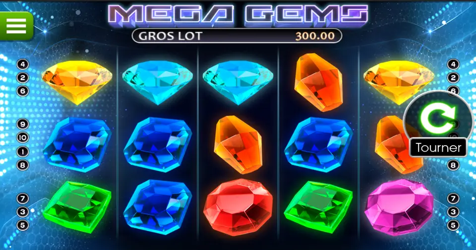 La grille de 5 rouleaux et 3 rangées de Mega Gems : pierres précieuses bleues, vertes, orange, rouges, roses et jaunes, sous un compteur GROS LOT 300.00
