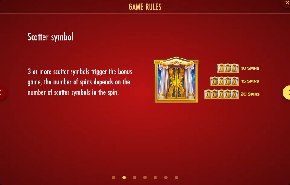 Page d’aide « Scatter symbol » de Midas Golden Touch Christmas Edition : la porte de temple dorée et trois rangées de petits symboles marquées 10 Spins, 15 Spins et 20 Spins
