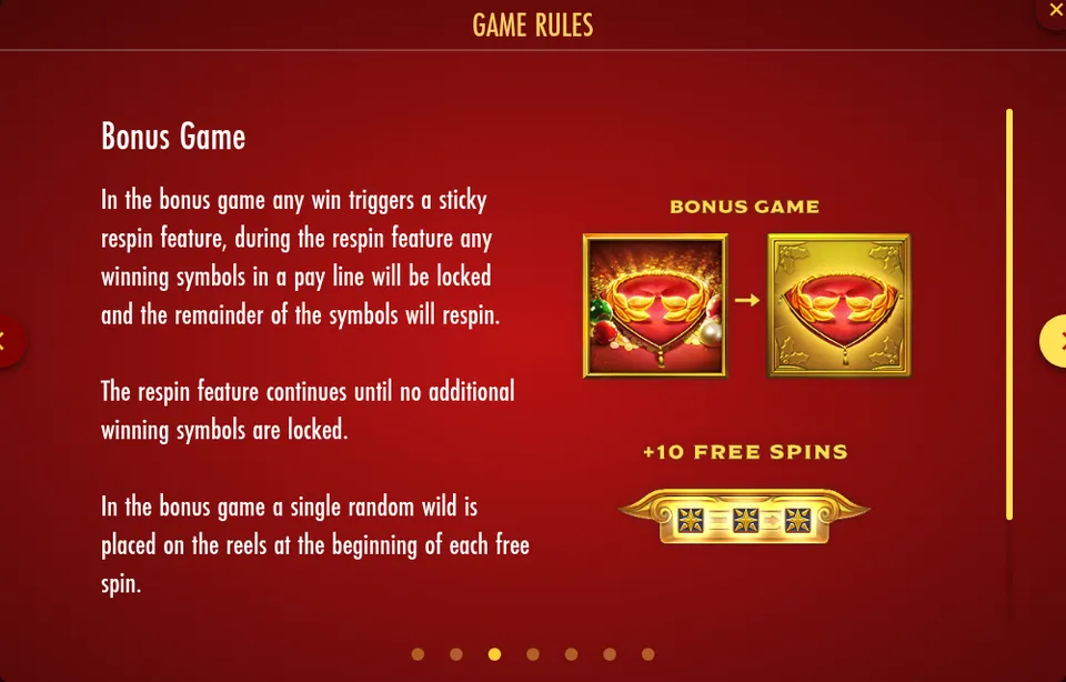 Page d’aide « Bonus Game » de Midas Golden Touch Christmas Edition : texte en anglais sur les respins collants, un symbole rouge qui devient doré sous le titre BONUS GAME et un bandeau +10 FREE SPINS
