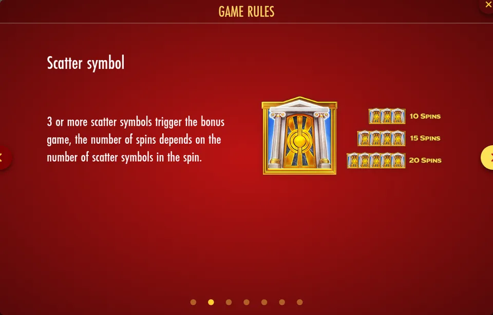 Page d’aide « Scatter symbol » de Midas Golden Touch Reborn : une porte de temple dorée à colonnes et trois rangées de petits symboles marquées 10 Spins, 15 Spins et 20 Spins