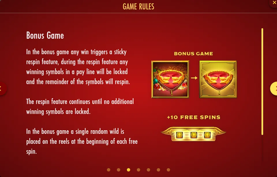 Page d’aide « Bonus Game » de Midas Golden Touch Reborn : texte en anglais sur les respins collants, un symbole rouge et doré qui devient doré, et un bandeau +10 FREE SPINS