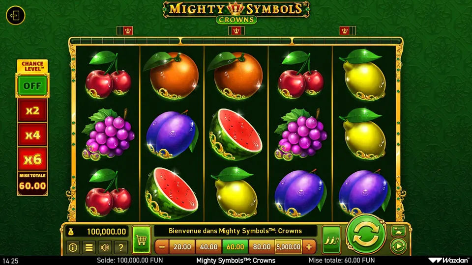Grille de 5 rouleaux sur 3 rangées de Mighty Symbols: Crowns sur fond vert : cerises, oranges, citrons, grappes de raisin, prunes et pastèques, avec au-dessus une barre de compteurs vide marquée de trois petites couronnes ; à gauche le Chance Level™ sur OFF avec x2, x4 et x6 et une mise totale de 60.00
