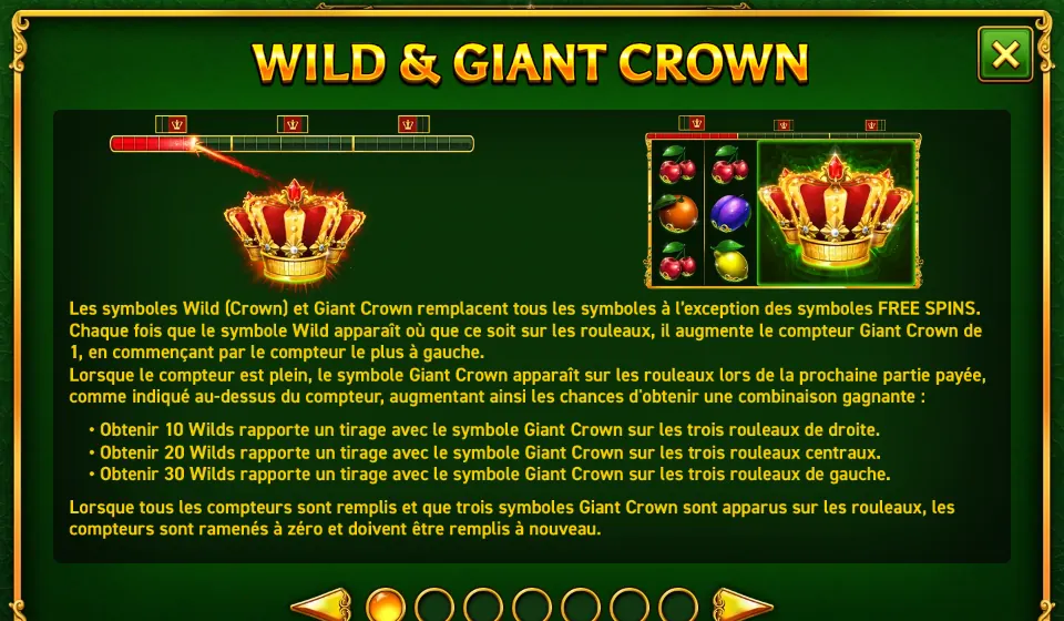 Page WILD & GIANT CROWN de l’aide de Mighty Symbols: Crowns : une barre de compteur qui se remplit en rouge au-dessus d’une couronne dorée et rouge, et à droite une grille où une grande couronne couvre trois rouleaux, avec le texte sur les compteurs