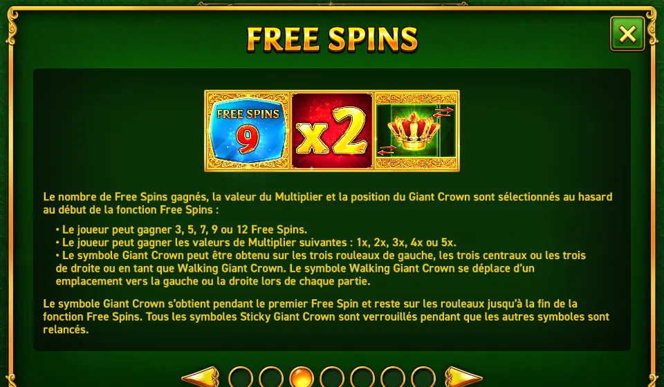 Page FREE SPINS de l’aide de Mighty Symbols: Crowns : une case bleue FREE SPINS 9, une case rouge x2 et une case verte avec une couronne et deux flèches, au-dessus du texte sur le tirage des Free Spins, du multiplicateur et de la position du Giant Crown