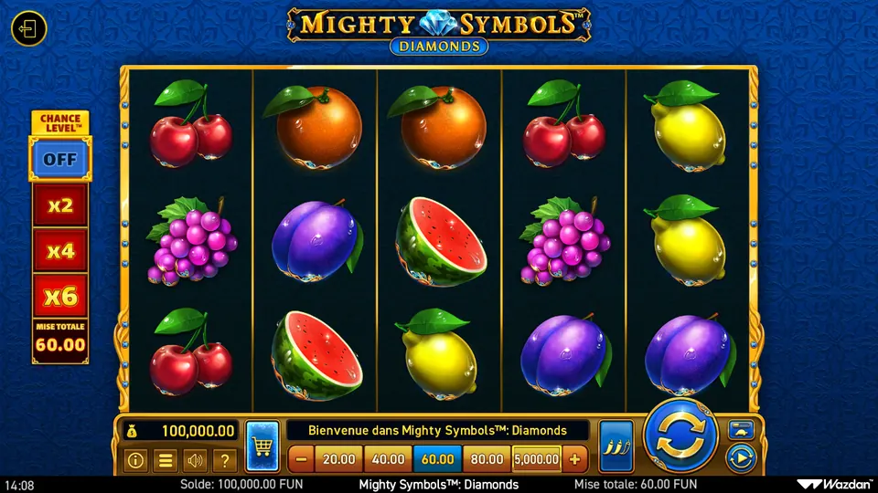 Grille de 5 rouleaux sur 3 rangées de Mighty Symbols: Diamonds remplie de fruits : cerises, oranges, citrons, grappes de raisin, prunes et pastèques ; à gauche le Chance Level™ sur OFF avec x2, x4 et x6 et une mise totale de 60.00, en bas les boutons de mise 20.00, 40.00, 60.00, 80.00 et 5,000.00