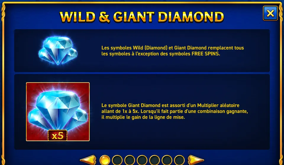 Page WILD & GIANT DIAMOND de l’aide de Mighty Symbols: Diamonds : un diamant bleu, puis un grand diamant bleu sur fond rouge marqué x5, chacun à côté de son texte