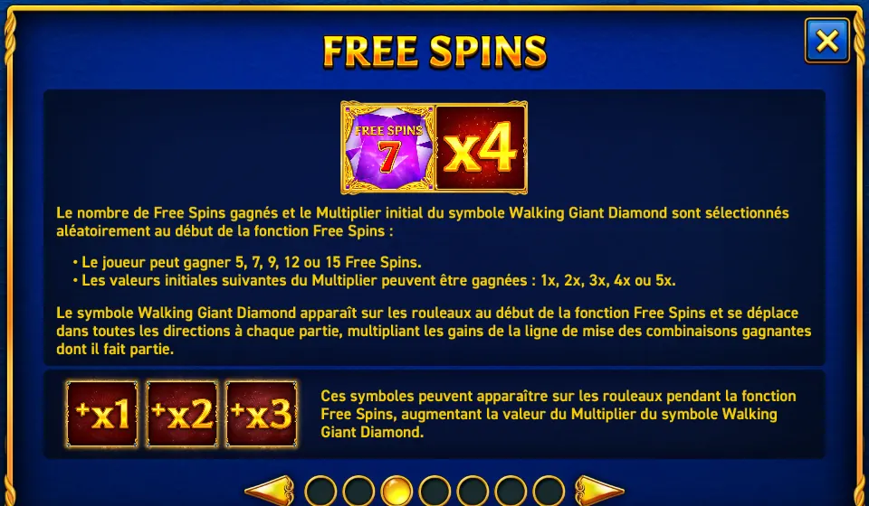 Page FREE SPINS de l’aide de Mighty Symbols: Diamonds : un diamant violet marqué FREE SPINS 7 à côté d’une case x4, le texte sur le tirage des Free Spins et du multiplicateur, puis trois cases +x1, +x2 et +x3