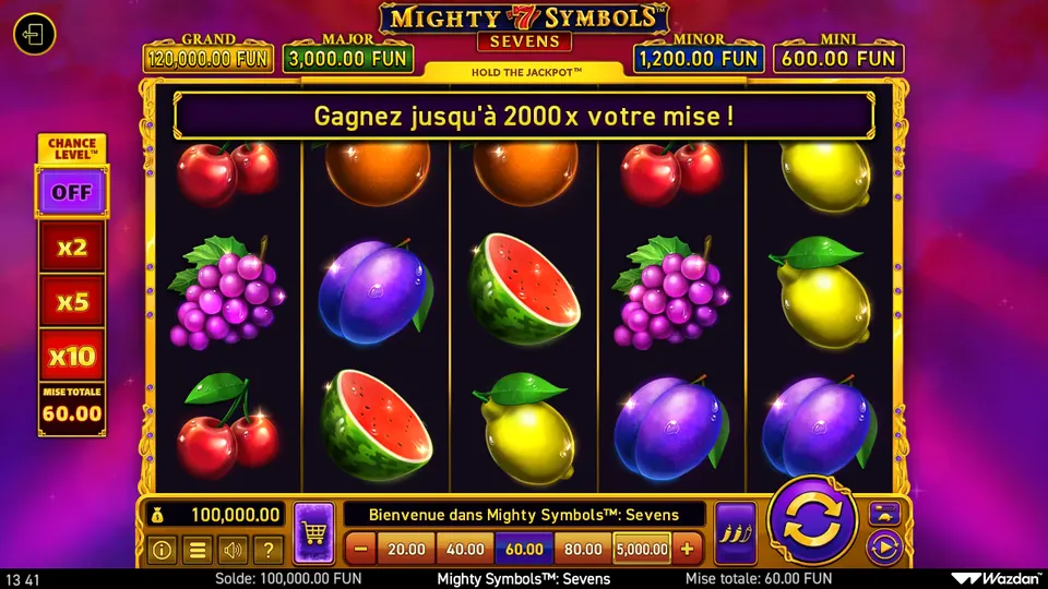 Grille de 5 rouleaux sur 3 rangées de Mighty Symbols: Sevens remplie de fruits, cerises, oranges, grappes de raisin, prunes, pastèques et citrons, avec en haut le bandeau « Gagnez jusqu’à 2000x votre mise ! » ; au-dessus les jackpots GRAND 120,000.00 FUN, MAJOR 3,000.00 FUN, MINOR 1,200.00 FUN et MINI 600.00 FUN, à gauche le Chance Level™ sur OFF et une mise totale de 60.00