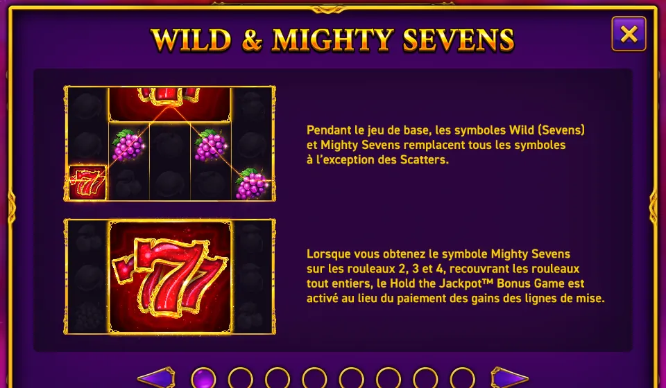 Page WILD & MIGHTY SEVENS de l’aide de Mighty Symbols: Sevens : en haut une grille où un petit 7 rouge et des grappes de raisin sont reliés par une ligne, en bas un grand 7 rouge qui couvre les trois rouleaux du milieu, chaque image suivie de son texte