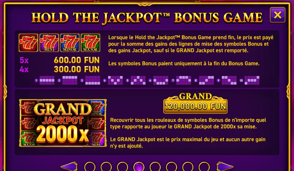 Page HOLD THE JACKPOT™ BONUS GAME de l’aide de Mighty Symbols: Sevens : quatre symboles 7, dont trois marqués MINI, MINOR et MAJOR, payés 5x 600.00 FUN et 4x 300.00 FUN avec dix schémas de lignes, puis une plaque GRAND JACKPOT 2000x et un compteur GRAND à 120,000.00 FUN