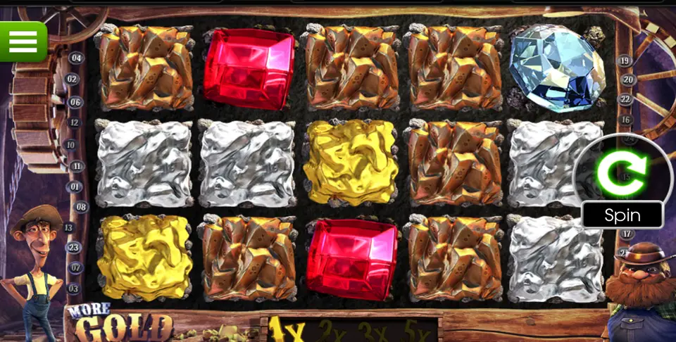 La grille de 5 rouleaux et 3 rangées de More Gold Diggin’ : roches orangées, pierres rouges et bleu clair taillées, blocs argentés et pépites dorées, avec le compteur 1x 2x 3x 5x en bas