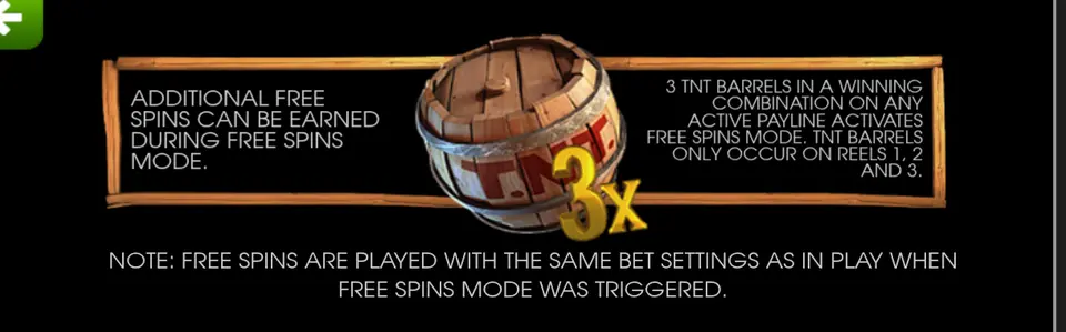 Encadré de l’aide de More Gold Diggin’ avec un tonneau marqué TNT et le texte en anglais des free spins