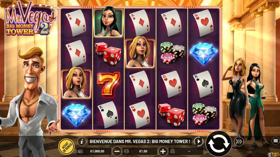Grille de 5 rouleaux sur 4 rangées de Mr. Vegas 2: Big Money Tower avec des cartes à jouer, des dés rouges, des jetons, des diamants, un 7 et des portraits de femmes, encadrée par un homme blond en chemise blanche et deux femmes en robe de soirée