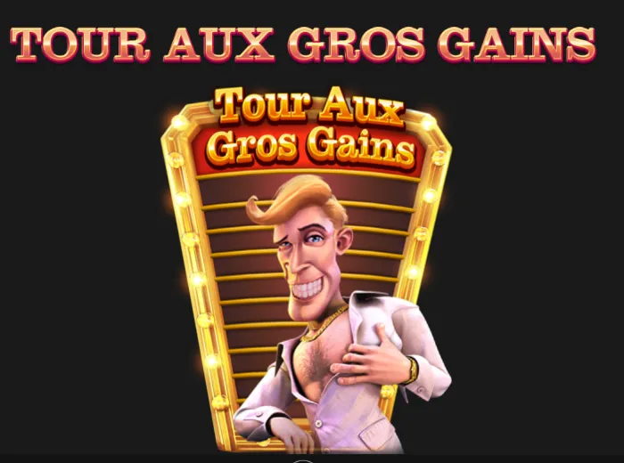 Écran d’aide de Mr. Vegas 2: Big Money Tower : titre TOUR AUX GROS GAINS au-dessus d’une tour lumineuse à échelons devant laquelle pose l’homme blond en chemise blanche