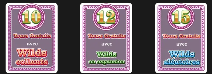 Écran d’aide de Mr. Vegas 2: Big Money Tower : trois cartes violettes marquées 10 Tours Gratuits avec Wilds collants, 12 Tours Gratuits avec Wilds en expansion et 15 Tours Gratuits avec Wilds aléatoires